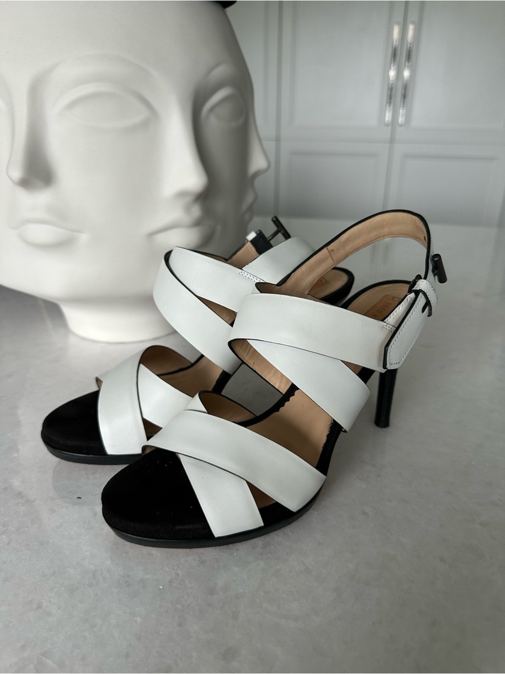 Reed Krakoff White and Black Strappy High Heel Sandals